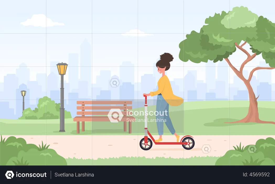 Woman riding kick scooter  Illustration