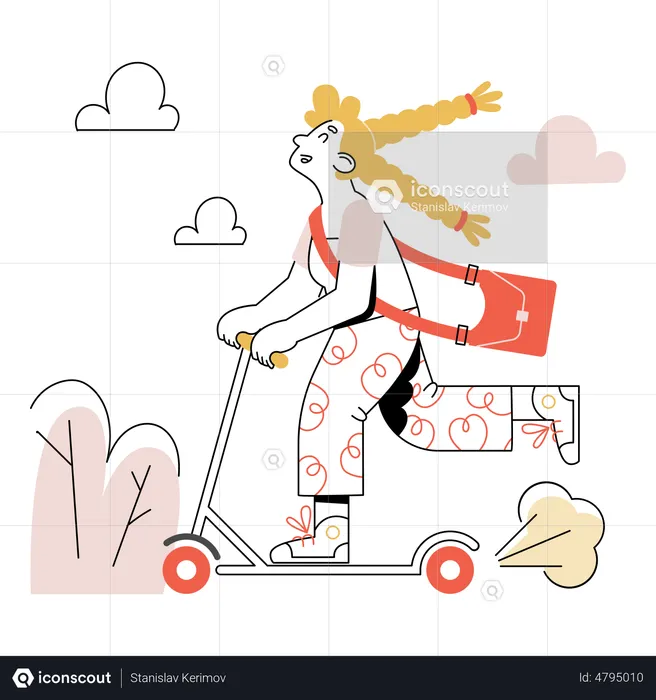 Woman riding kick scooter  Illustration