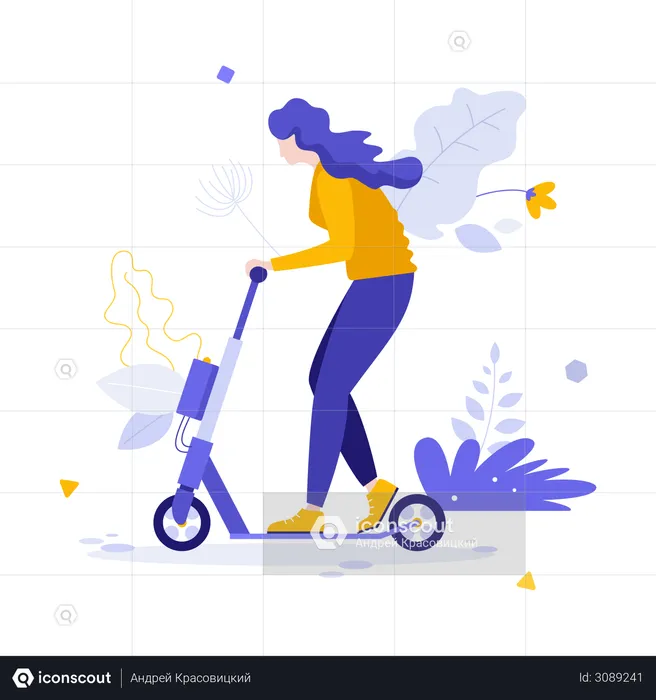 Woman riding motorized kick scooter  Illustration