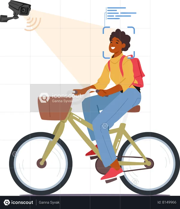 Woman Riding On Bicycle and Face Recognition System  Illustration