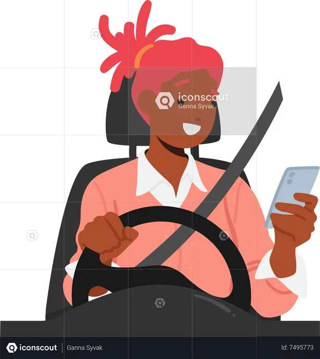 Woman Risks Her Safety And Talking On Her Mobile Phone While Driving  Illustration