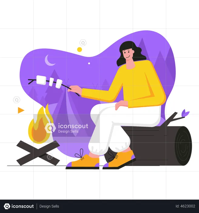 Woman roasting marshmallows on campfire  Illustration
