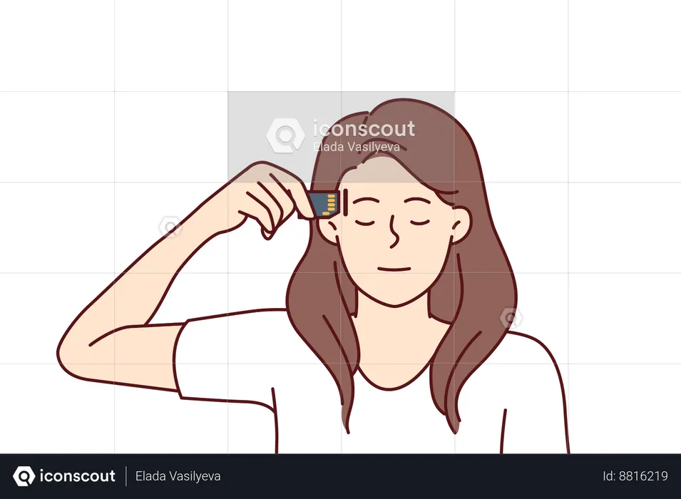 Woman robot is inserting microprocessor chip in her head  Illustration