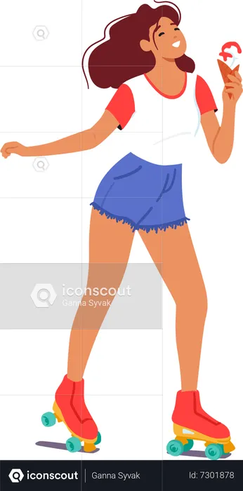 Woman Rollerblading With Ice Cream In Hand During Summer  Illustration
