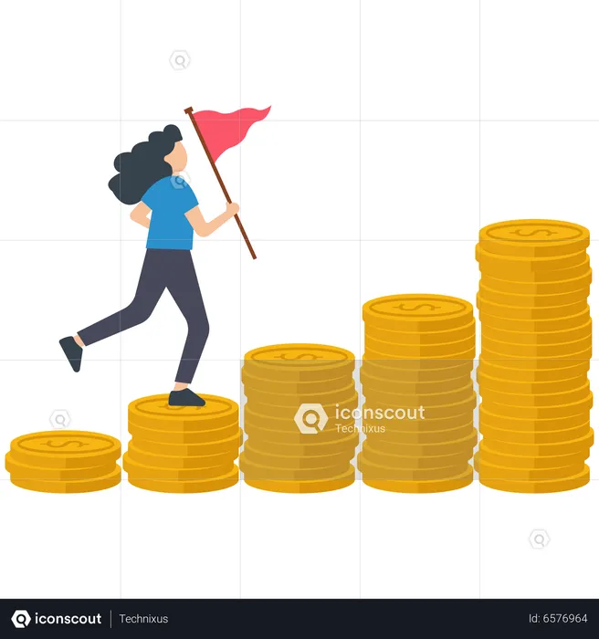 Woman running on money stack and achieving financial success  Illustration