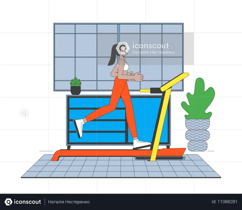 Woman running on treadmill in home gym  Illustration