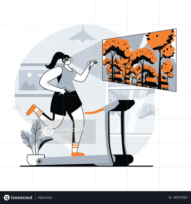 Woman running on treadmill while wearing VR headset  Illustration