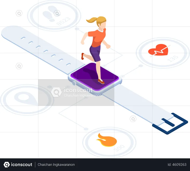 Woman running using smartwatch with heart rate monitor  Illustration