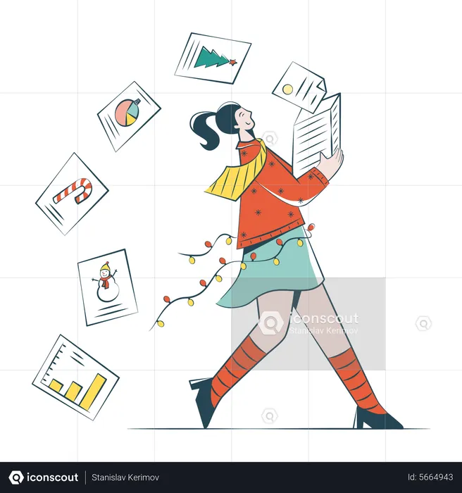 Woman Running With A Stack Of Christmas Cards  Illustration