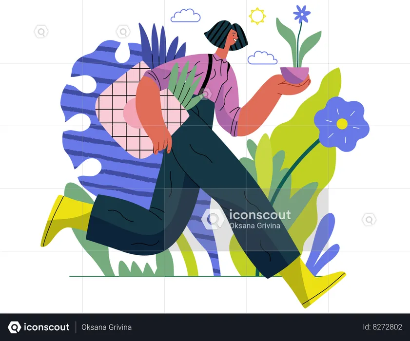 Woman running with eco bag and flower in pot  Illustration
