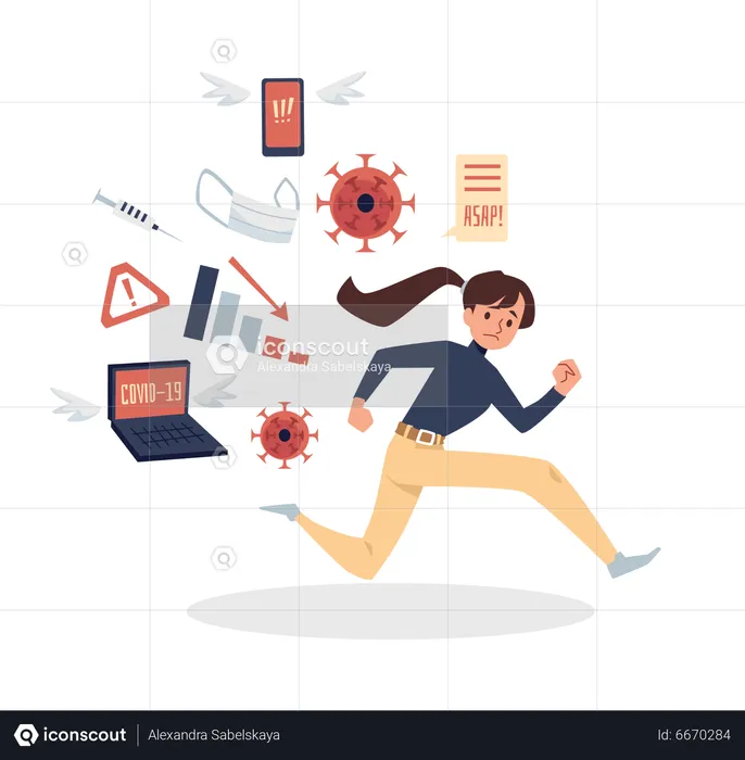 Woman runs from the information flow  Illustration