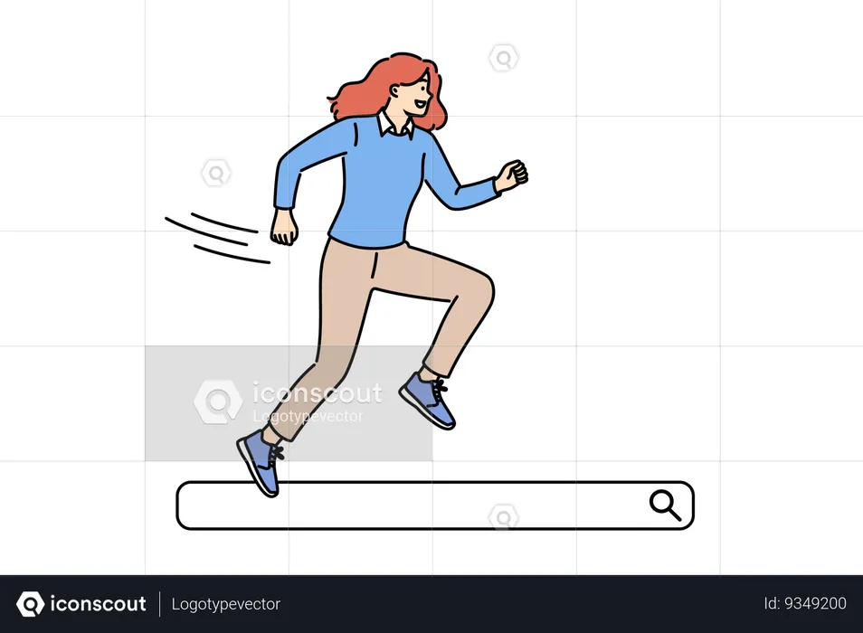 Woman runs through search bar, smiling, looking for useful information on internet  Illustration