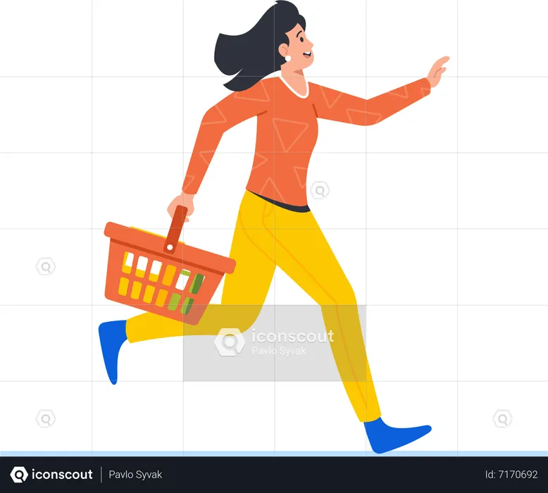 Woman Runs With Shopping Cart  Illustration