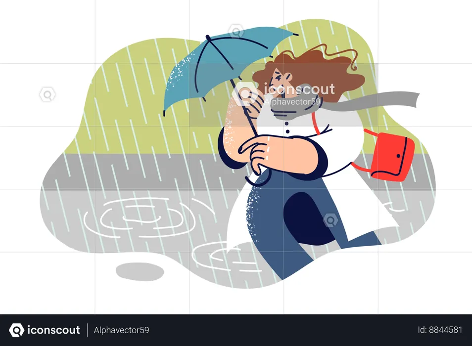 Woman runs with sunshade in hands during storm  Illustration