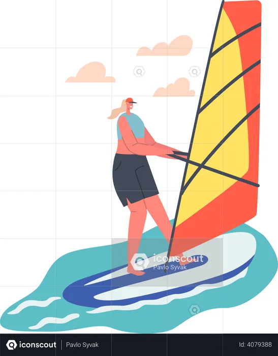 Woman sailing on kayak and enjoying water sport  Illustration