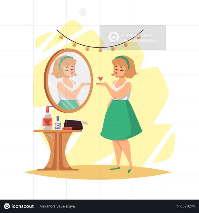 Woman satisfied with her appearance in mirror  Illustration