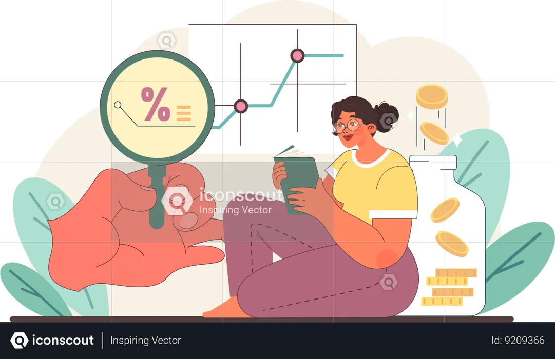 Woman saves money and analyzes its growth  Illustration