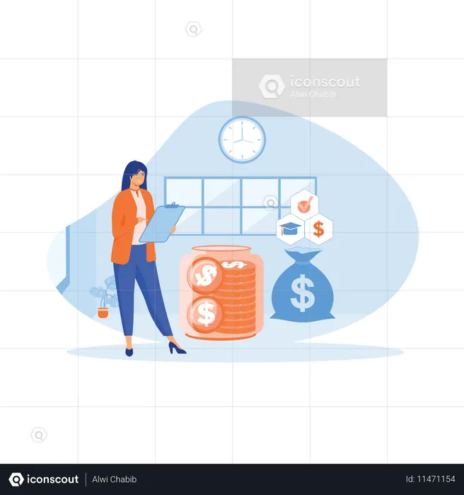 Woman saves money for global education  Illustration