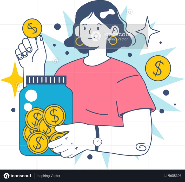 Woman saves money in money jar  Illustration