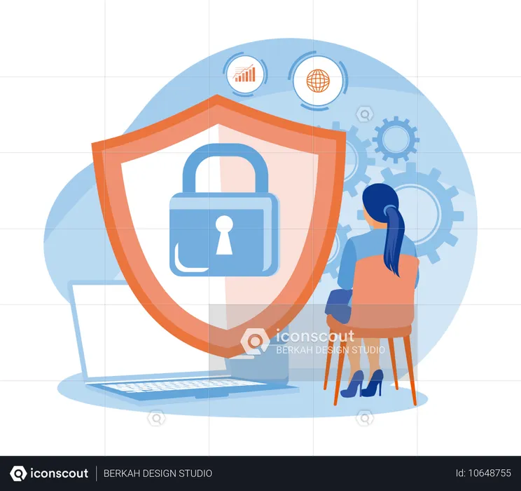 Woman Saving Data On Laptop with security  Illustration