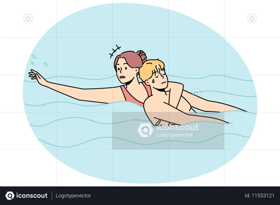 Woman saving man drowning in water  Illustration