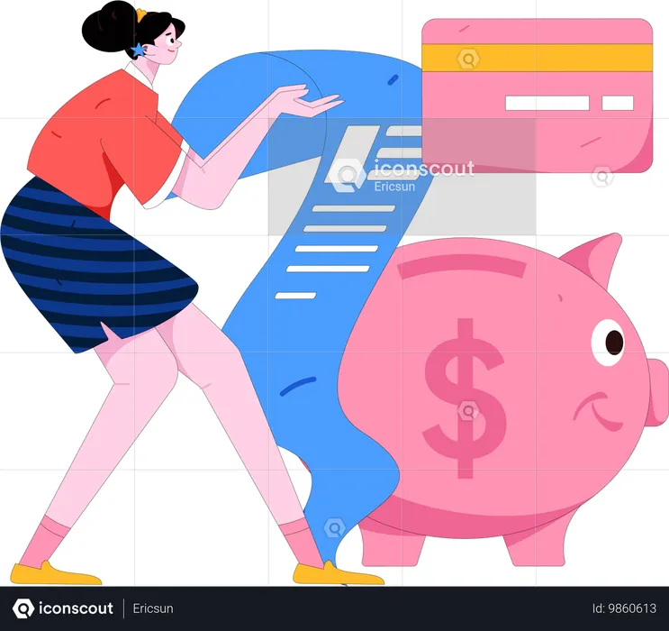 Woman saving money in piggy bank  Illustration