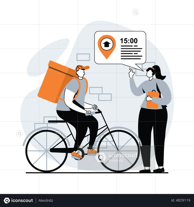 Woman saying delivery time to delivery boy  Illustration