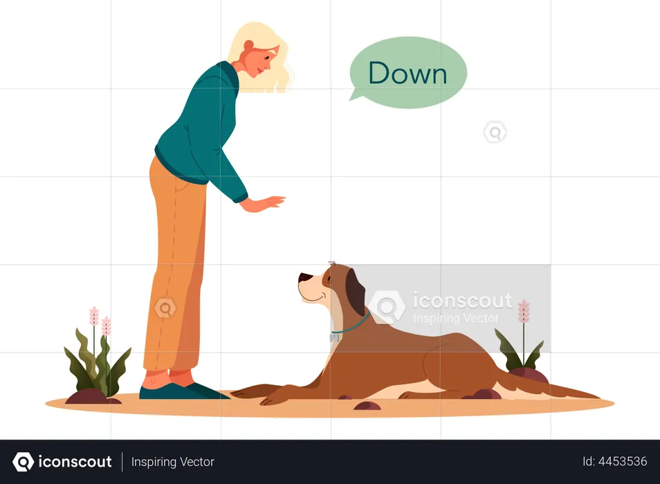 Woman saying dog to sit down  Illustration