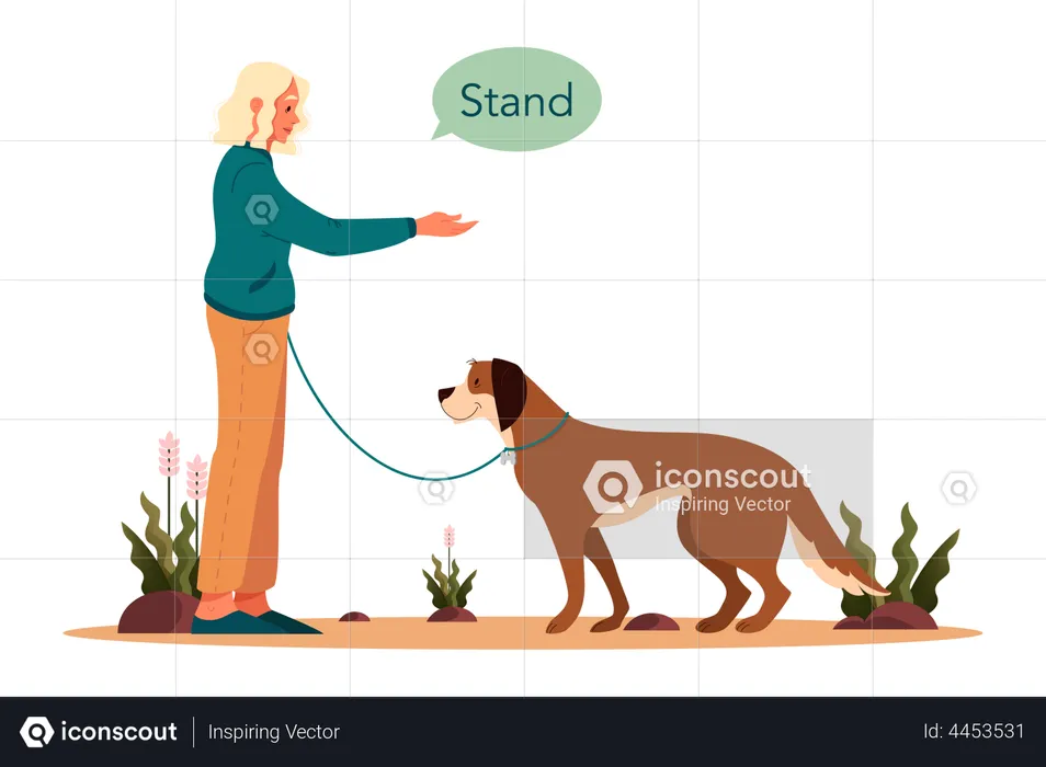 Woman saying dog to stand  Illustration