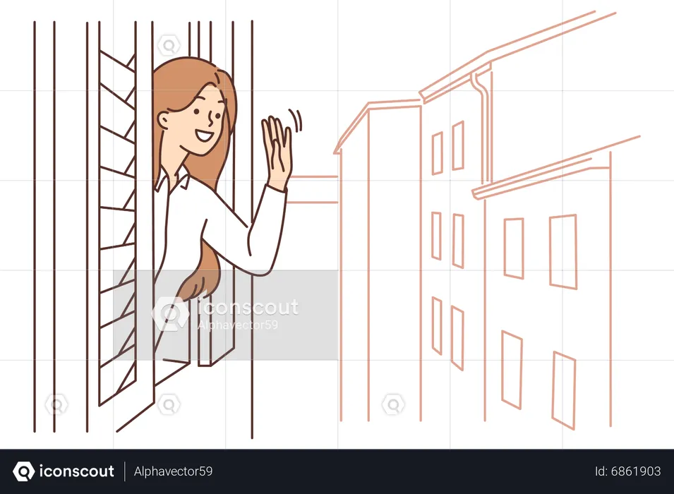 Woman saying hello while peeking from window  Illustration