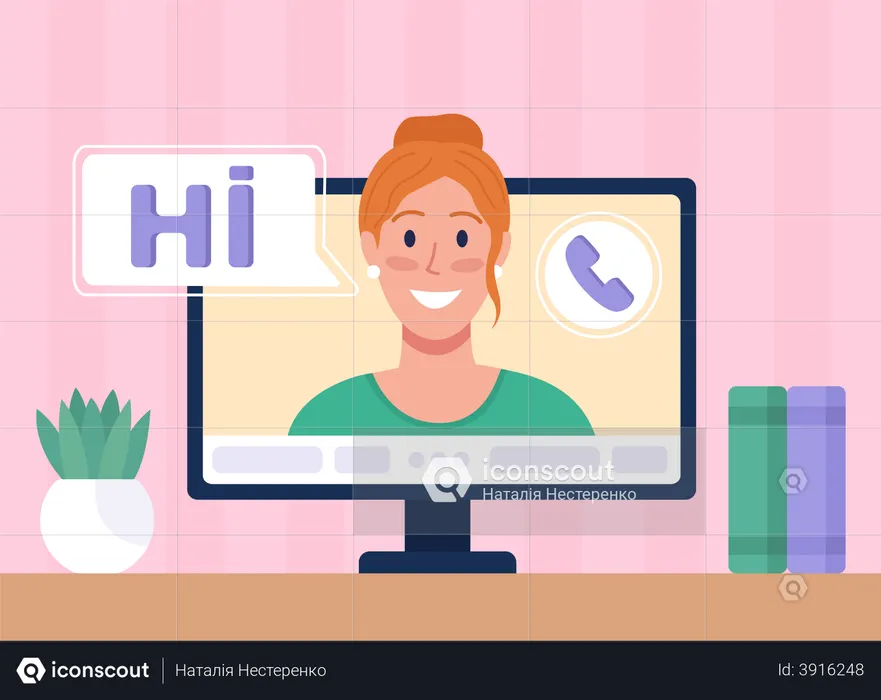Woman saying hi on an online video call  Illustration