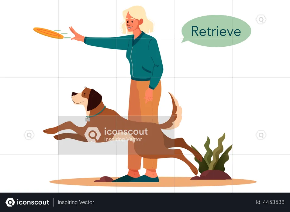 Woman saying retrieve command to pet dog  Illustration