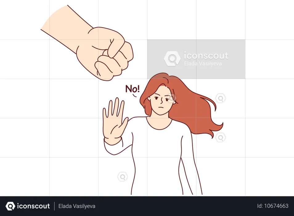 Woman says no to domestic violence and makes stop gesture and standing near fist of wants to strike  Illustration