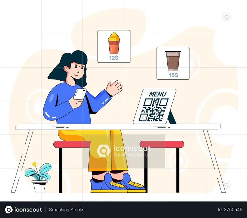 Woman scanning qr code for menu at restaurant  Illustration