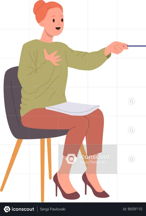 Woman school psychologist sitting on chair holding pen and talking holding therapeutic session  Illustration