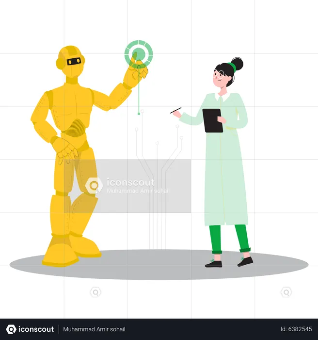 Woman scientist doing experiment with robot  Illustration