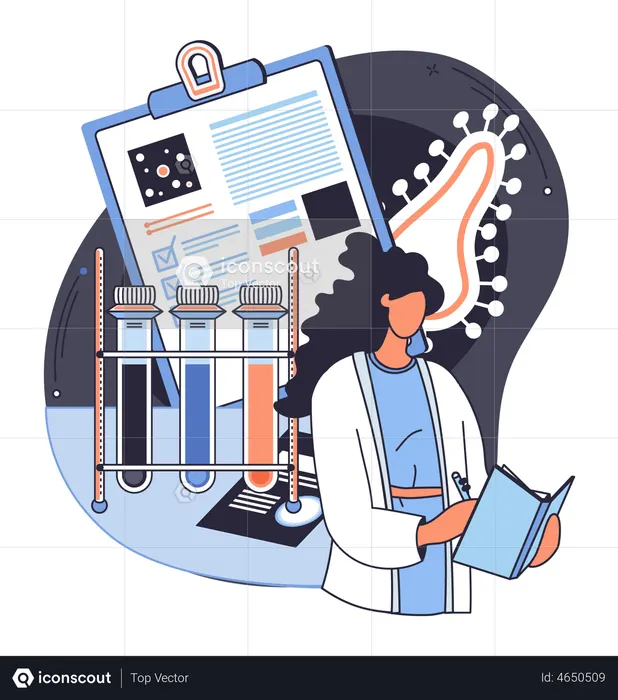 Woman scientist with flasks and research report  Illustration