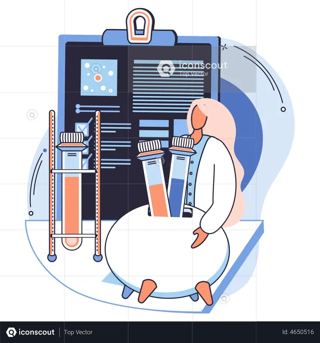 Woman scientist with test tube and research report  Illustration