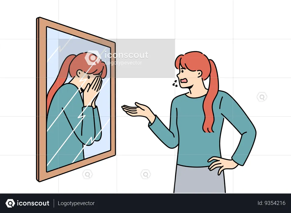 Woman scolding own reflection in mirror of low self-esteem and dipression  Illustration