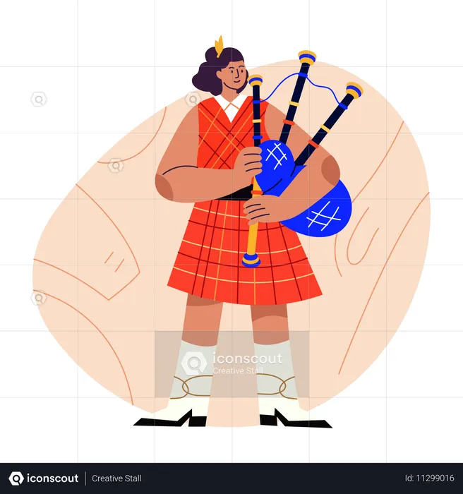 Woman Scottish Bagpiper playing music  Illustration