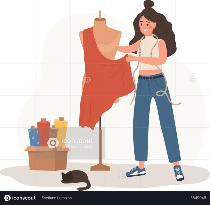 Woman seamstress taking measurement of mannequin  Illustration