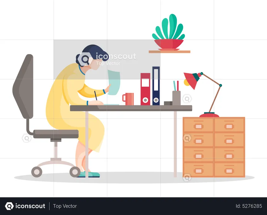 Woman search data in the documents sitting table in office  Illustration