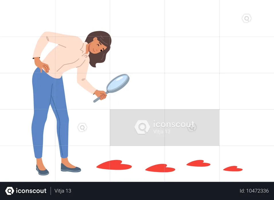 Woman searching for boyfriend and follows trail of hearts on ground  Illustration