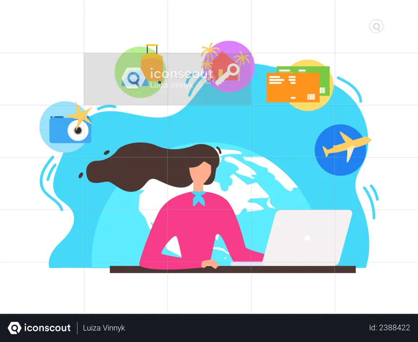 Woman Searching Leisure and Recreation Opportunities, Booking Tickets Online, Reserving Hotel Rooms in Internet  Illustration