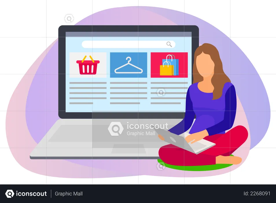 Woman searching products in online shopping website  Illustration