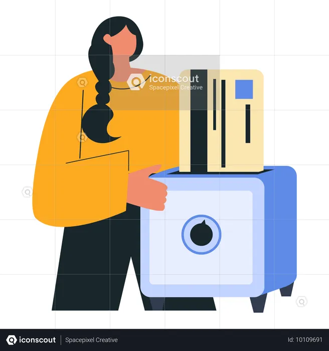 Woman secures her debit card in digital locker  Illustration