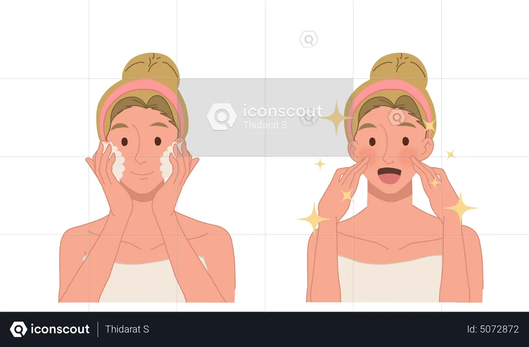 Woman seeing results after washing face with foam  Illustration