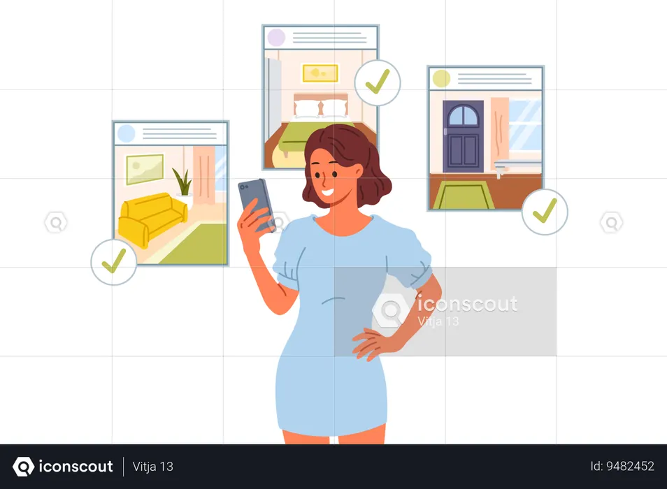 Woman selecting furniture from online application  Illustration