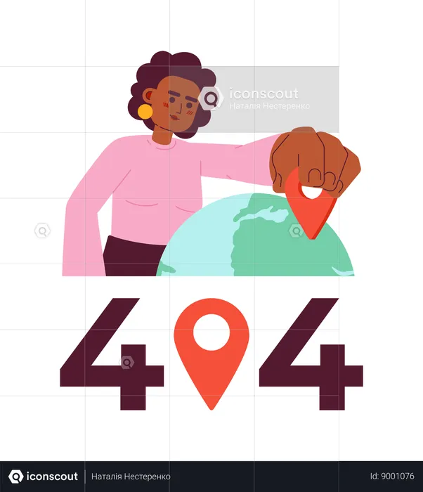 Woman selecting place on globe showing error 404 flash message  Illustration