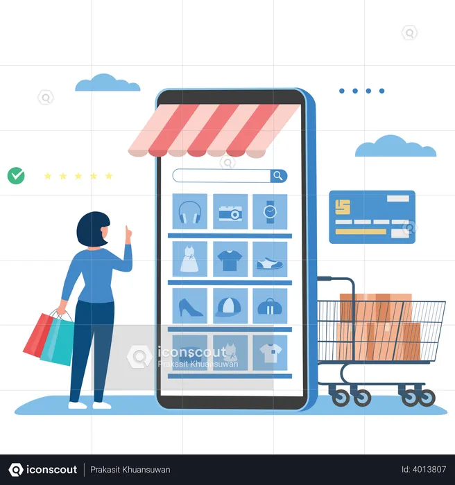 Woman selecting product in online shopping  Illustration